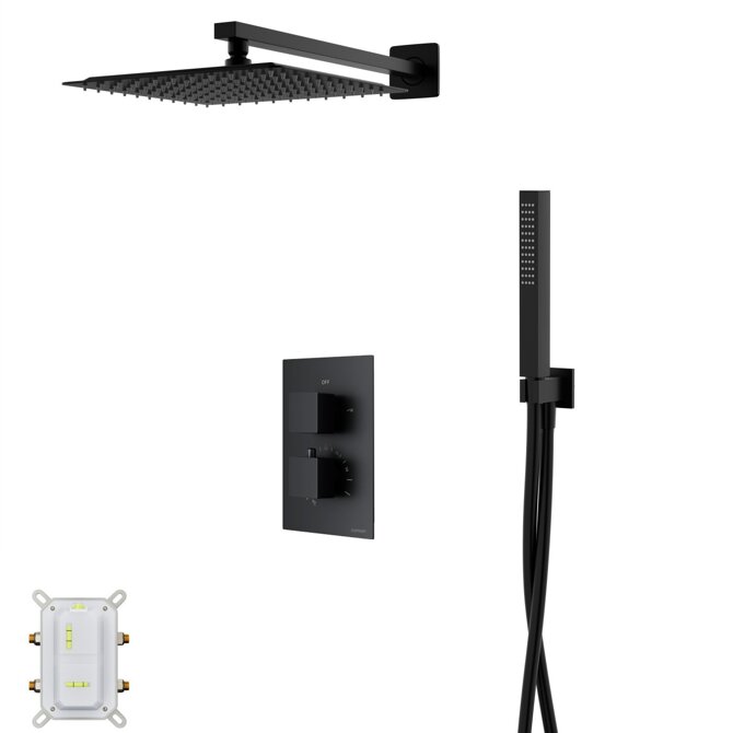 Corsan Ango schwarzes Brauseset mit 25 cm Regenbrause, Thermostatmischer und Handbrause